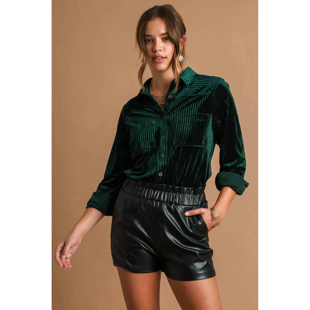 NEW VANILLA MONKEY textured velvet button-down shirt - plus in hunter green